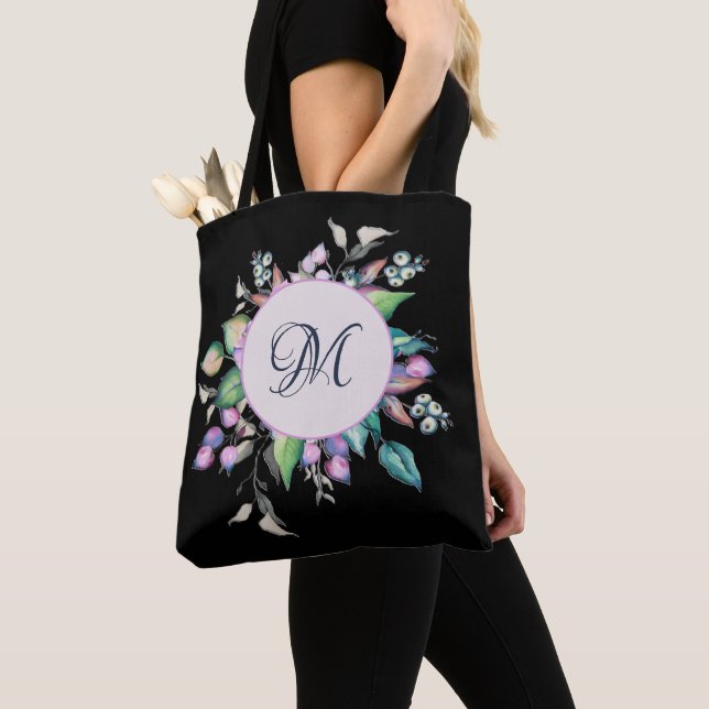 Tote Bag Floral Pastel Aquarelle Fleurs Monogramme (De près)