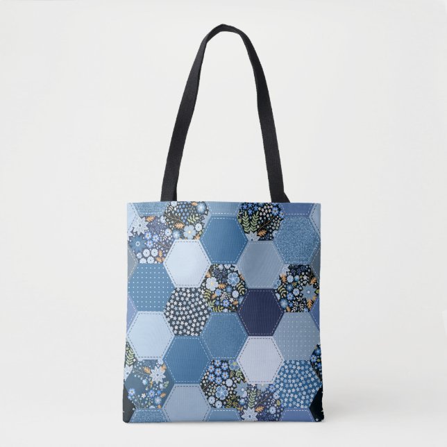 Tote Bag Floral, patchwork de denim : motif bleu. (Devant)
