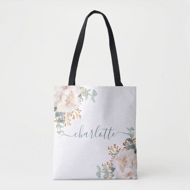 Tote Bag Floral peony eucalyptus monogramme bridesmaid (Devant)