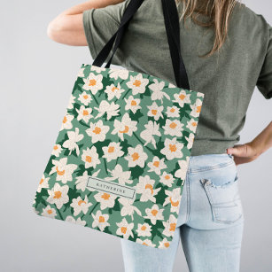 Tote Bag Floral Printemps Daffodique   Monogramme vert