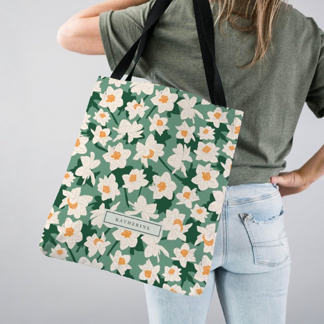 Tote Bag Floral Printemps Daffodique | Monogramme vert