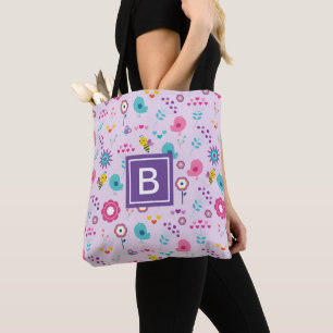 Tote Bag Floral Purple Bee Motif Monogram Kids