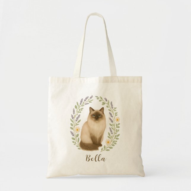 Tote Bag Floral Ragdoll Cat Frame Personalized Name (Devant)