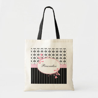 Tote Bag Floral rose chic de damassé noire et blanche avec