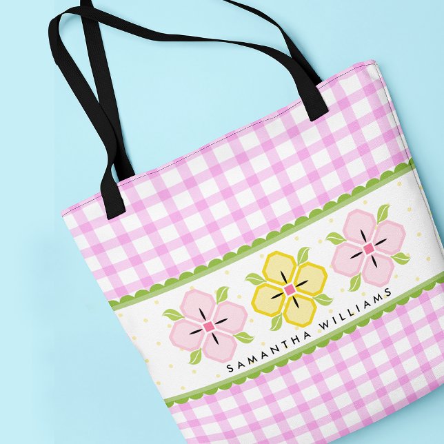 Tote Bag Floral rose et Monogramme En vichy (Créateur téléchargé)