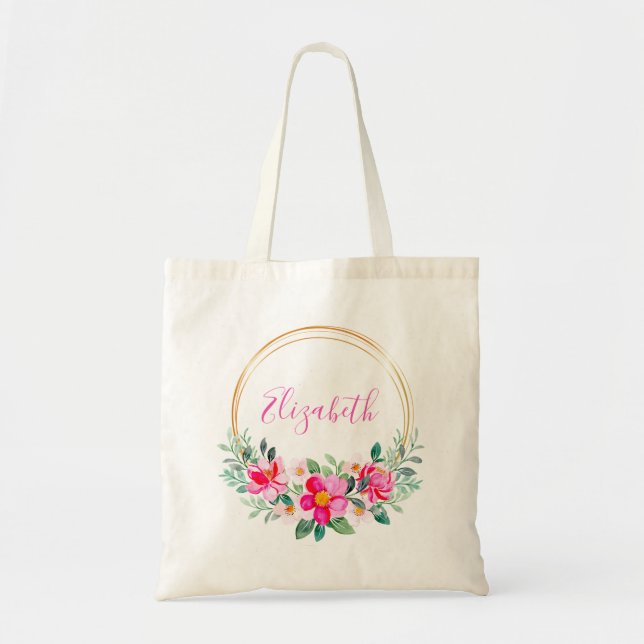 Tote Bag Floral rose et or personnalisé (Devant)