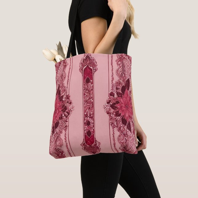 Tote Bag Floral rose rayures IA art (De près)