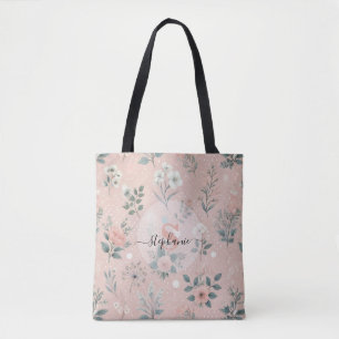 Tote Bag Floral rose rustique avec fleurs blanches et verdu