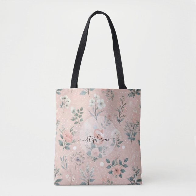 Tote Bag Floral rose rustique avec fleurs blanches et verdu (Devant)