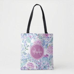 Tote Bag Floral succulent pourpre et bleu élégant avec le