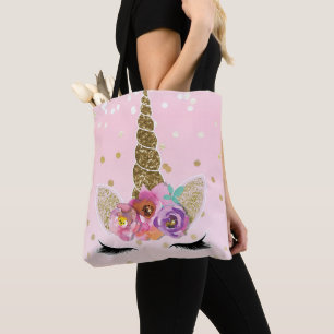 Tote Bag Floral tendance moderne Unicorn Horn Gold Confetti