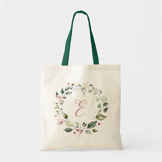 Tote Bag Floral Vert Personnalisé Monogramme rose pâle (Devant)