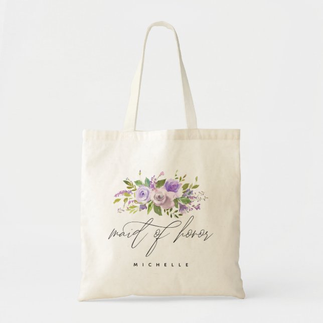 Tote Bag Floral vert pourpre MAID D'HONNEUR Calligraphie (Devant)