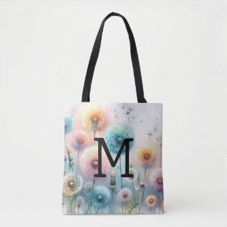 Tote Bag Floral watercolor monogram pink blue dandelions 