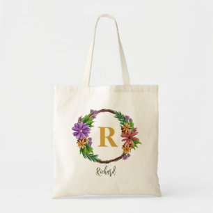 Tote Bag Floral Wreath Initial Letter Monogram Name Marble