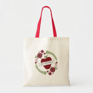 Tote Bag Floral Wreath Red Apple Enseignant personnalisé