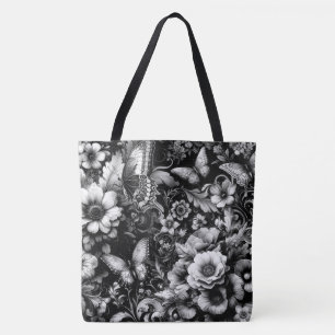 Tote Bag Florale d'antiquité monochrome avec papillons
