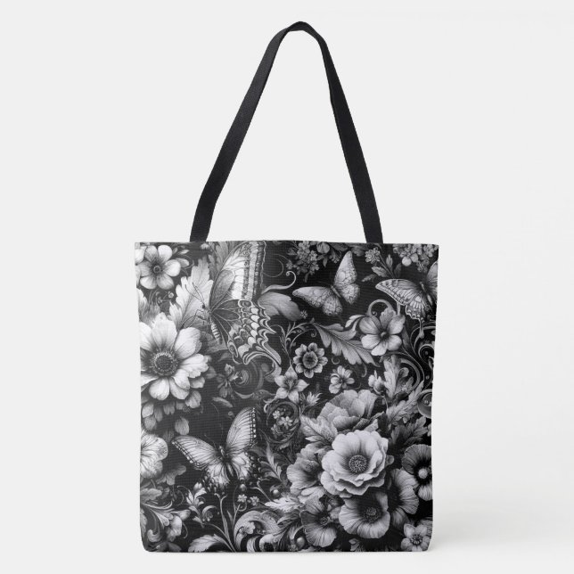 Tote Bag Florale d'antiquité monochrome avec papillons (Devant)