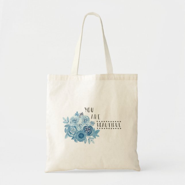 Tote Bag Floraux bleus illustrés "vous sont beau" (Devant)