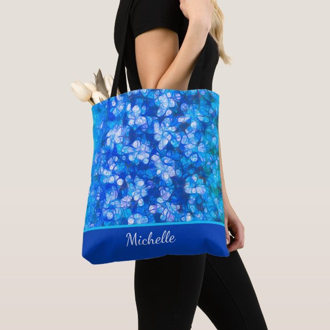 Tote Bag Flore Bleu Blanc Fleurs Modernes Personnaliser (De près)