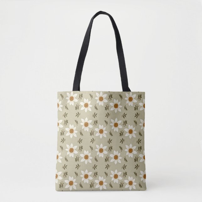 Tote Bag Flore décorative en blanc et beige (Devant)