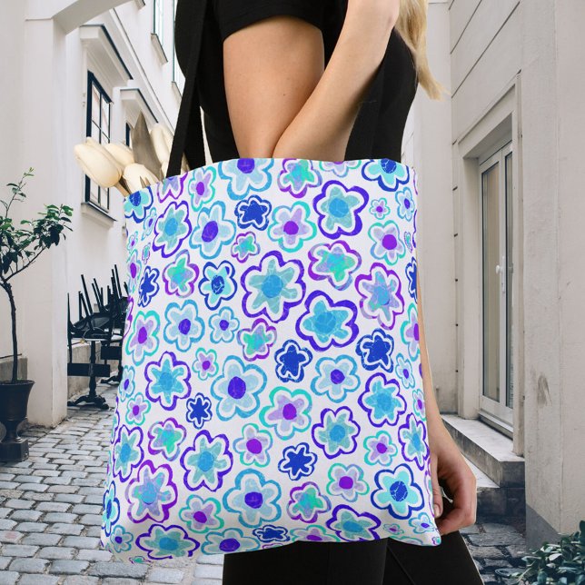 Tote Bag Flore d'été bleu violet tiré à la main (Créateur téléchargé)