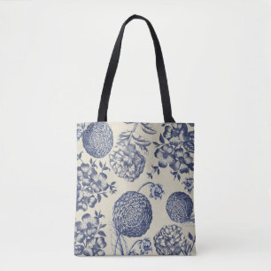 Tote Bag Flore d'impression florale de fleurs bleues antiqu