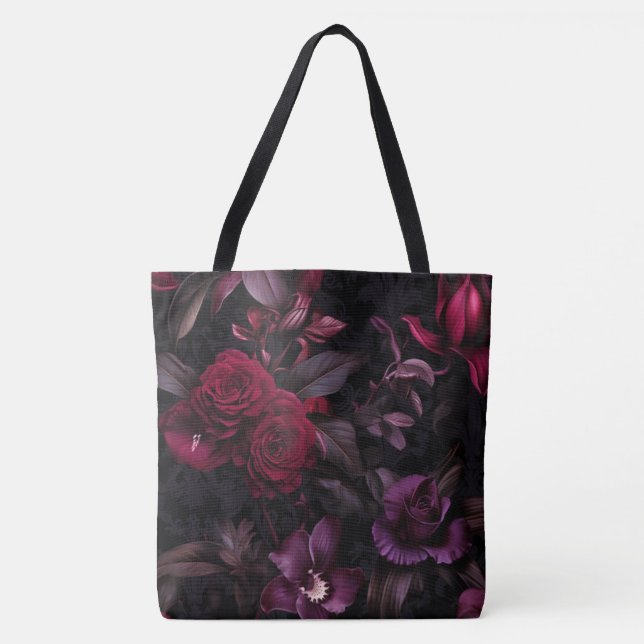 Tote Bag Flore foncé Moody Élégant Noir & Bourgogne (Devant)