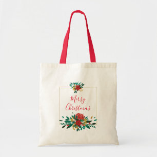 Tote Bag Flore moderne rouge vert et or Noël