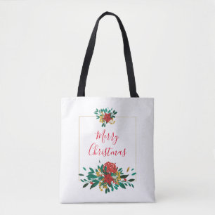 Tote Bag Flore moderne rouge vert et or Noël
