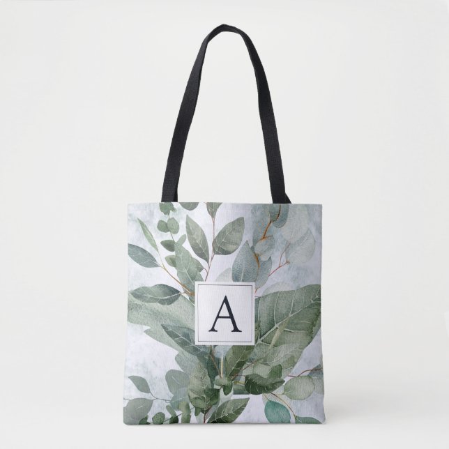 Tote Bag Flore rustique de sauge à aquarelle monogrammée (Devant)
