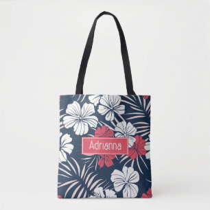 Tote Bag Flore tropicale rose et marine