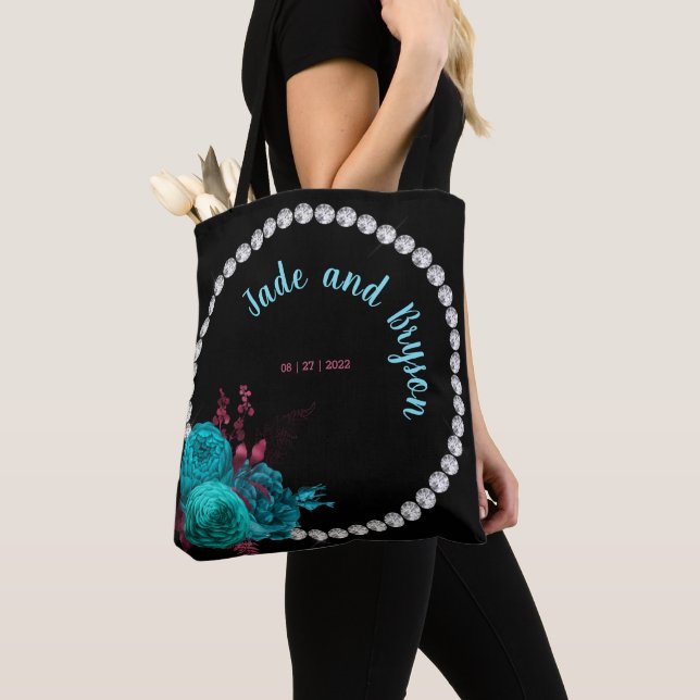Tote Bag Flore Turquoise et Mauve Elegant Rhinestone (De près)