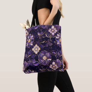 Tote Bag Flore violet foncé et or Faux