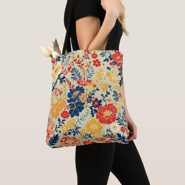 Tote Bag Flore vive rouge, jaune et bleu sur blanc (De près)