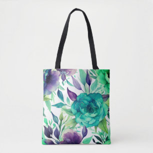 Tote Bag Flores d'aquarelle bleu Rose pourpre