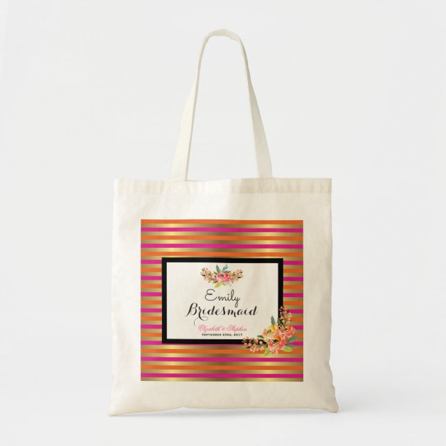 Tote Bag Flores d'aquarelle sur bandes rose orange et or (Devant)