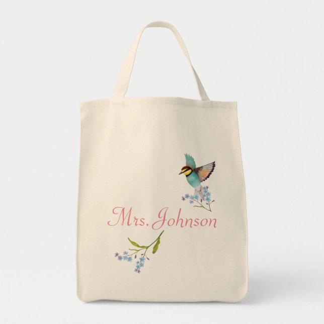 Tote Bag Flores mauve et bleu doux joli nom d'oiseau (Devant)