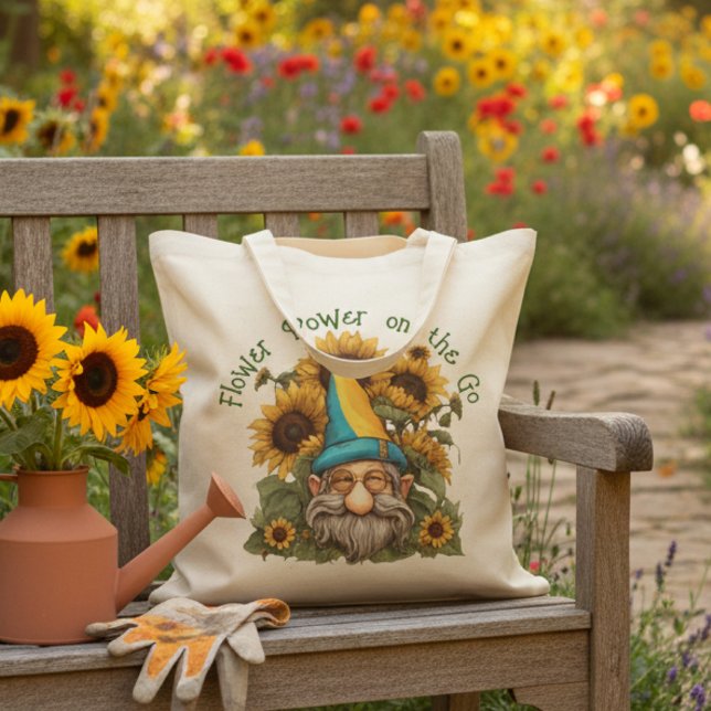 Tote Bag Flower Power en déplacement Mignon Gnome Tournesol (Créateur téléchargé)
