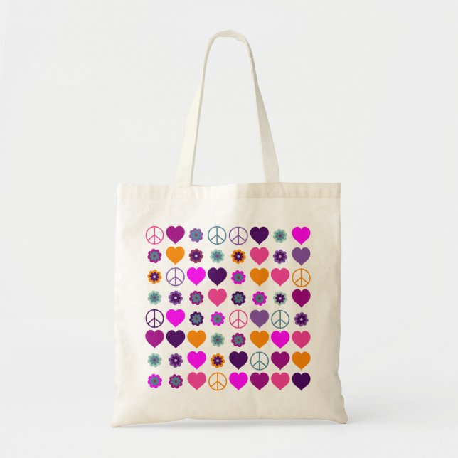 Tote Bag Flower Power Heart Peace Motif + votre backgr. (Devant)