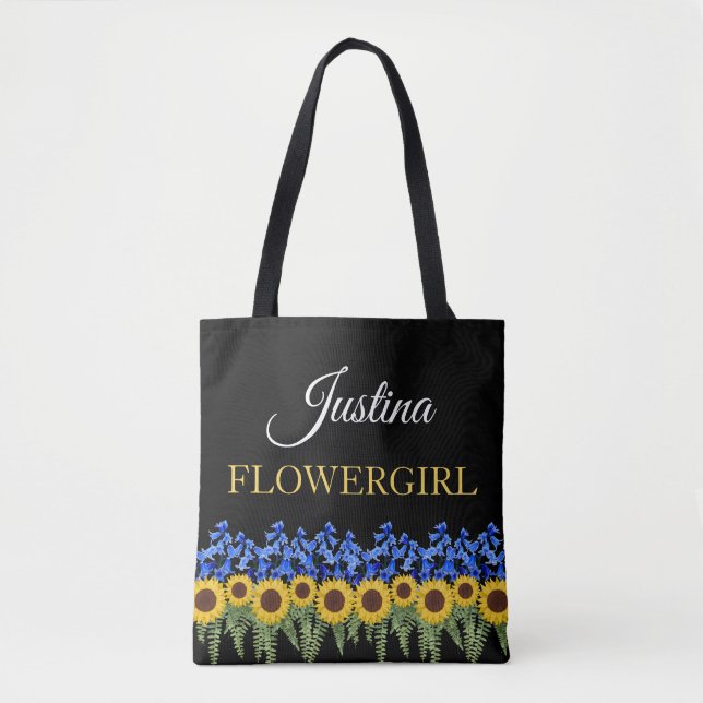 Tote Bag Flowgirl Rustic Bluebells & Sunflower Mariage (Devant)