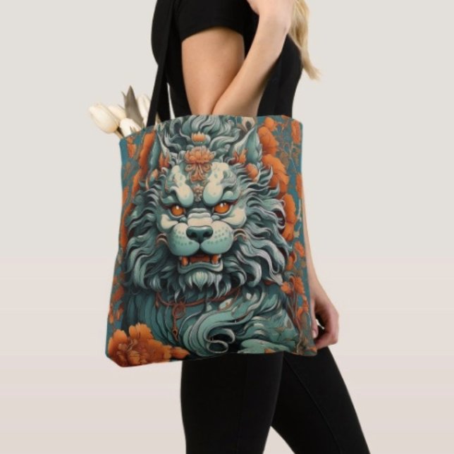 Tote Bag Flu Lion de la Sagesse (Asian Lion Head Travel Tote Bag, laminated lining for extra support.  Made in the USA. 
)