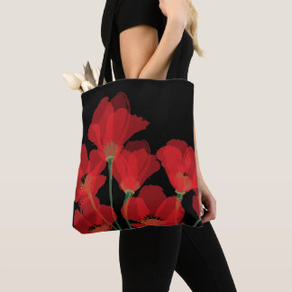 Tote Bag Flueurs de Pavot Rouge sur Noir
