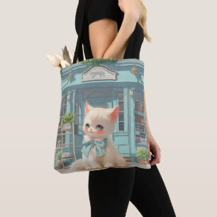 Tote Bag Fluffy Kitten avec Blue Bow à la pâtisserie