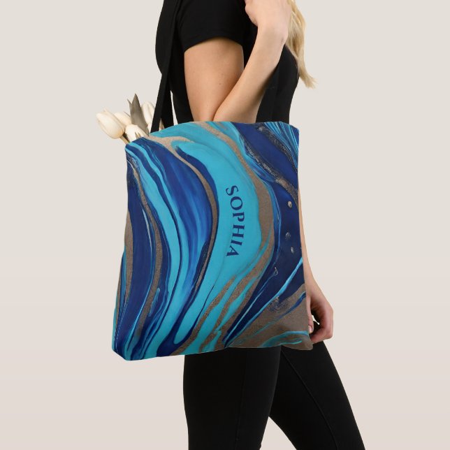 Tote Bag Flux Abstrait Art-Bleu et Or- (De près)