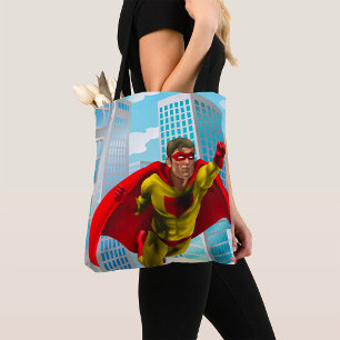 Tote Bag Flying Superhero Comic Style rouge et jaune héros