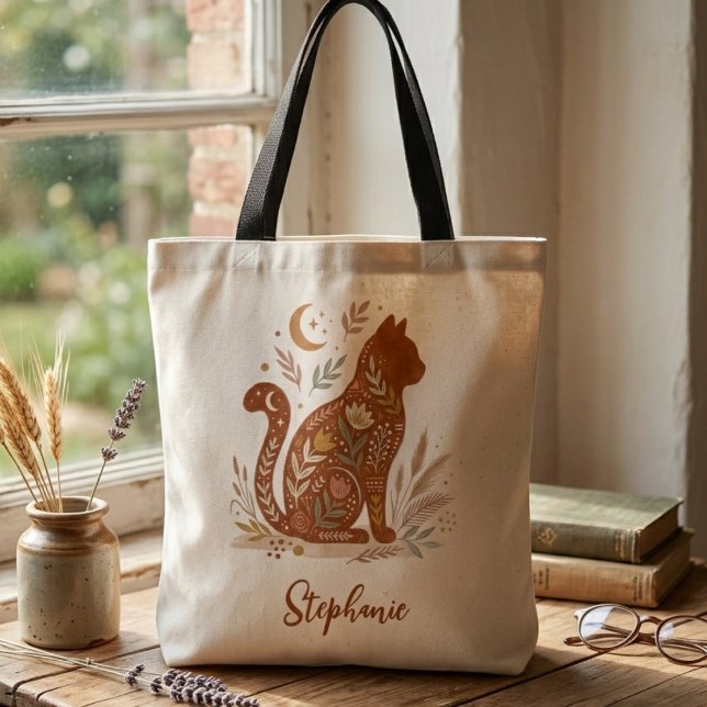 Tote Bag Folk Art Floral Cat Celestial Moon Mama Gift (Folk Art Floral Cat Tote Bag)