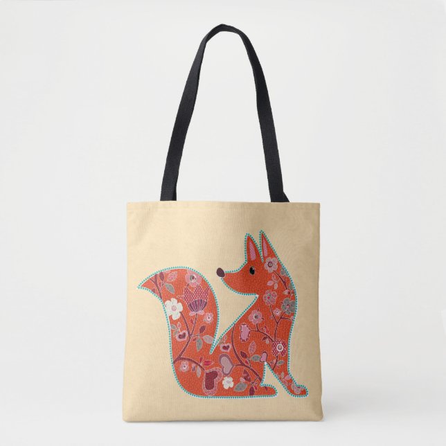Tote Bag Folk Art Flower Motif Fox (Devant)