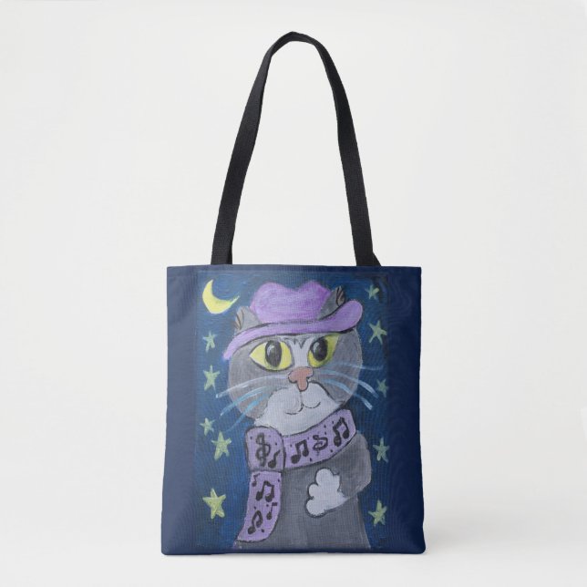 Tote Bag Folk Art Jazz cat (Devant)