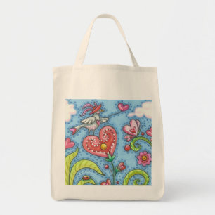 Tote Bag Folk Bird And Hearts Garden GROCERY FOURRE-TOUT Pe